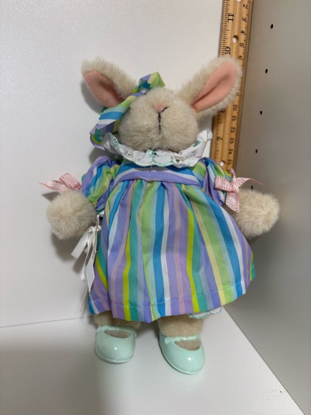 Vintage Hoppy Vanderbear Happy Birthday Plush Bunny in Pastel Striped Dress